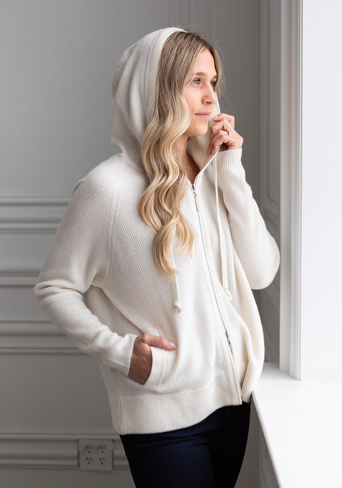 FISHERMAN RIB ZIP HOODY - OPTIC WHITE
