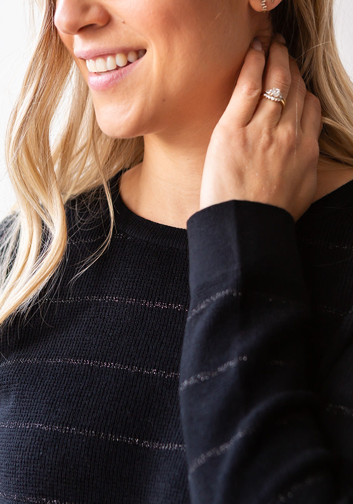 THERMAL LUREX STRIPE CREW - KINROSS - BLACK