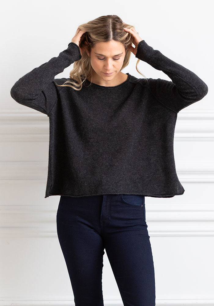 MESH CASHMERE BOYFRIEND CREW - CHARCOAL