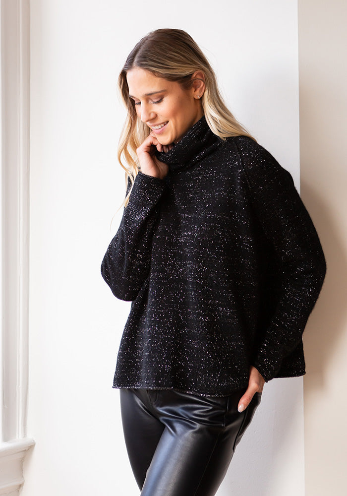 MESH SPARKLE BOYFRIEND CASHMERE COWL - BLACK