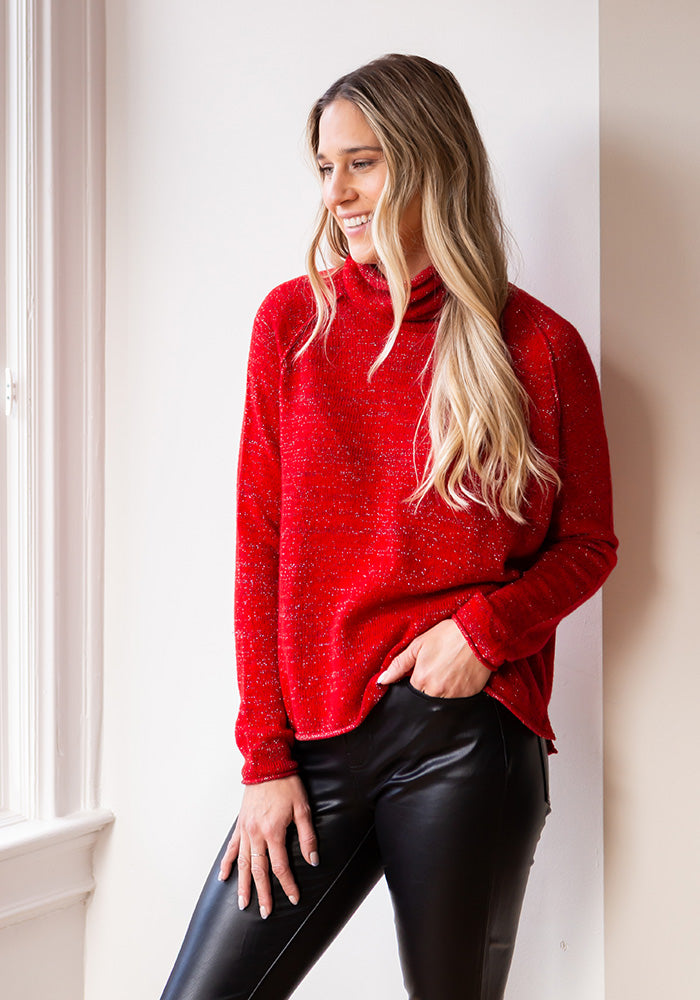 MESH SPARKLE BOYFRIEND CASHMERE COWL - RED