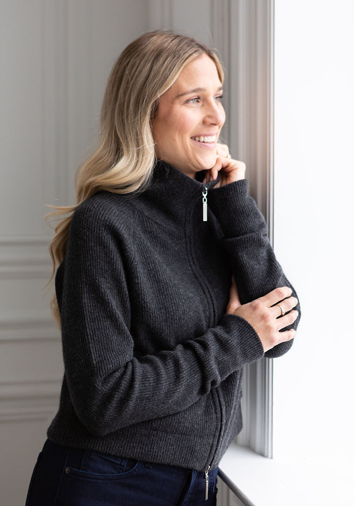 FISHERMAN RIB HIGH NECK CARDIGAN - CHARCOAL