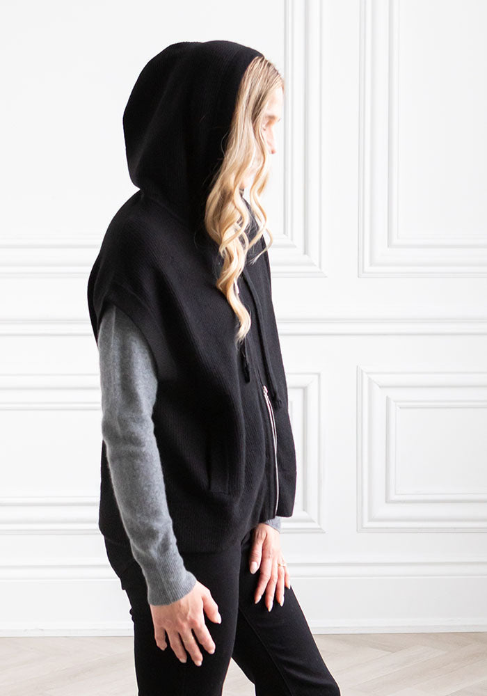 FISHERMAN RIB HOODY VEST - BLACK