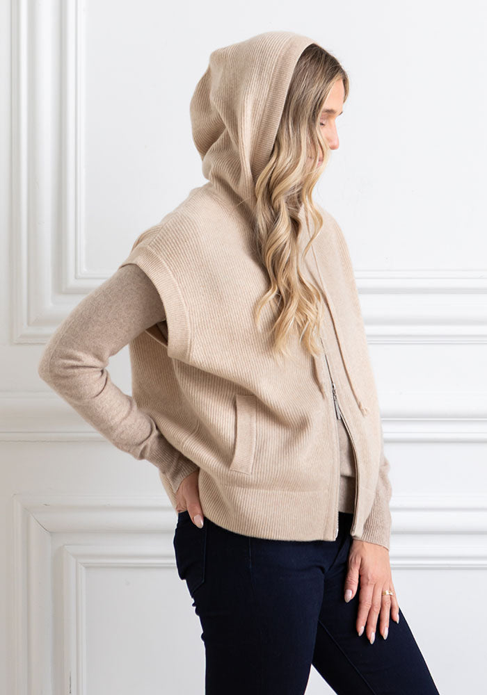 FISHERMAN RIB HOODY VEST - SAND