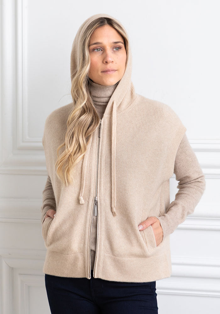 FISHERMAN RIB HOODY VEST - SAND