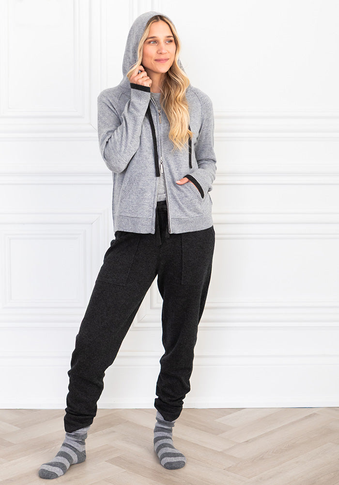 COCOON ZIP HOODY - LIGHT GREY W CHARCOAL DETAILS