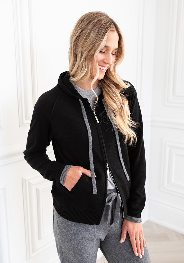 COCOON ZIP HOODY - BLACK W MEDIUM GREY DETAILS