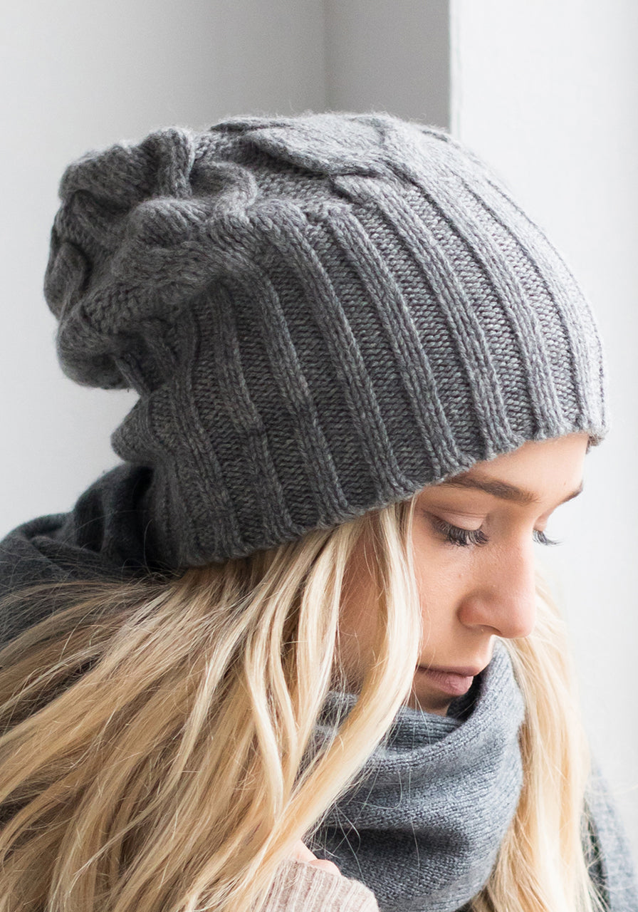 Cable Cashmere Hat in Medium Grey - Winter Accessories - 100% Mongolian Cashmere
