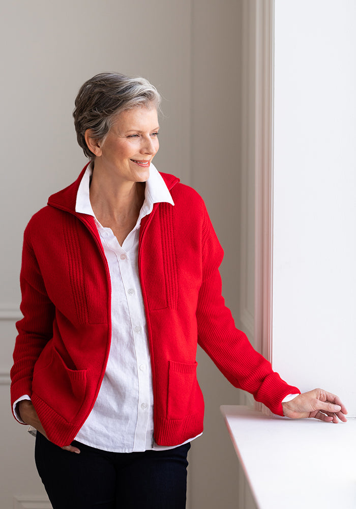 4 PLY CASHMERE FULL ZIP CARDIGAN - RED