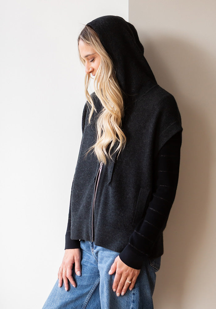 FISHERMAN RIB HOODY VEST - CHARCOAL