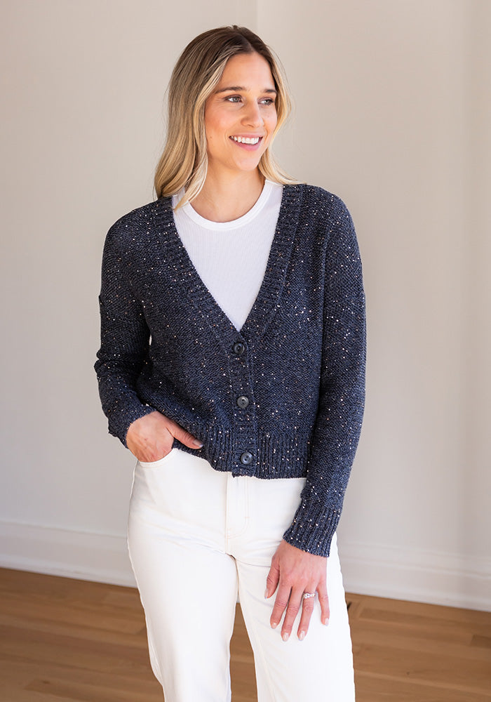 SEQUIN VEE CARDIGAN - KINROSS - INDIGO