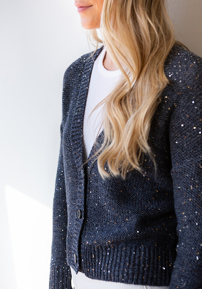 SEQUIN VEE CARDIGAN - KINROSS - INDIGO