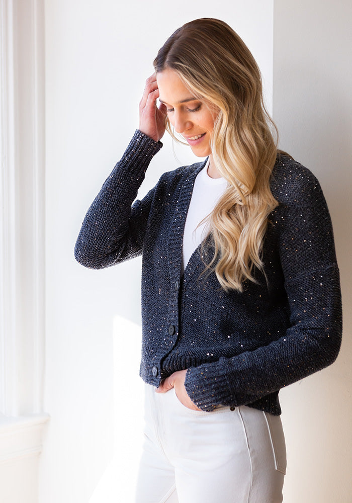 SEQUIN VEE CARDIGAN - KINROSS - INDIGO