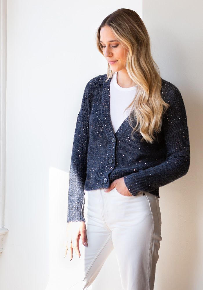 SEQUIN VEE CARDIGAN - KINROSS - INDIGO
