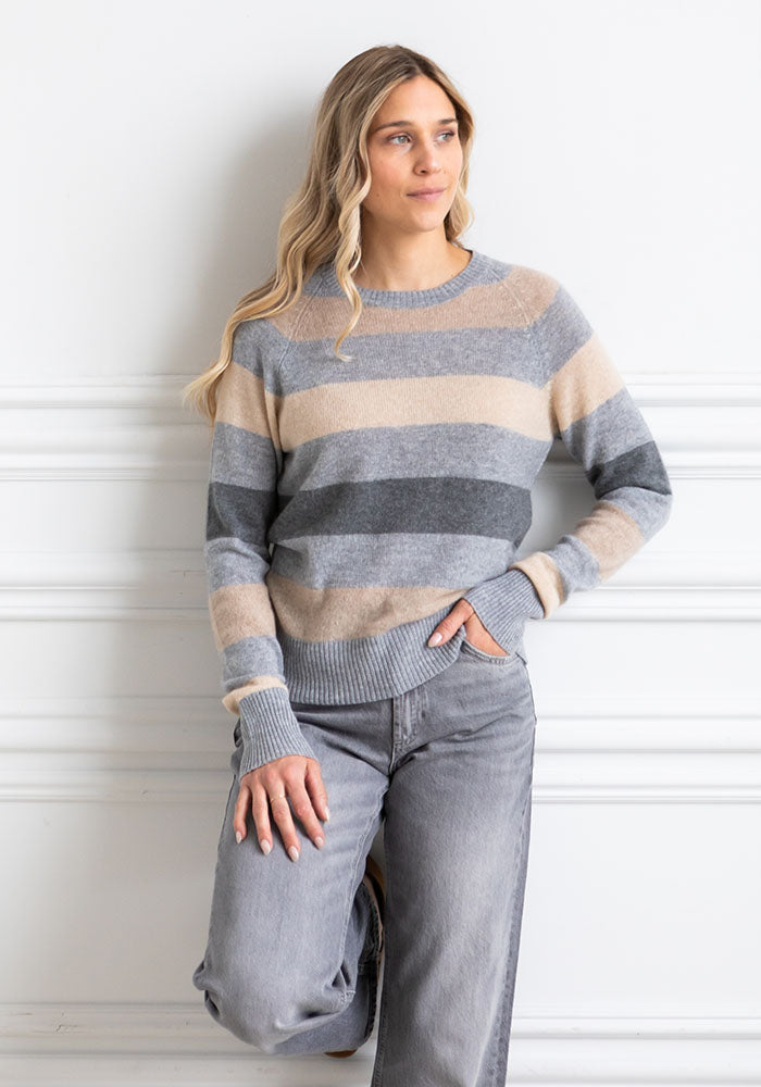 WOMEN'S STRIPED CASHMERE CREW - NEUTRAL STRIPES