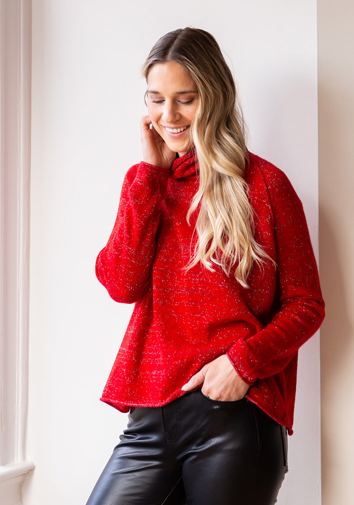 MESH SPARKLE BOYFRIEND CASHMERE COWL - RED