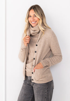 NEW CASHMERE SHAWL COLLAR CARDIGAN - MUSHROOM