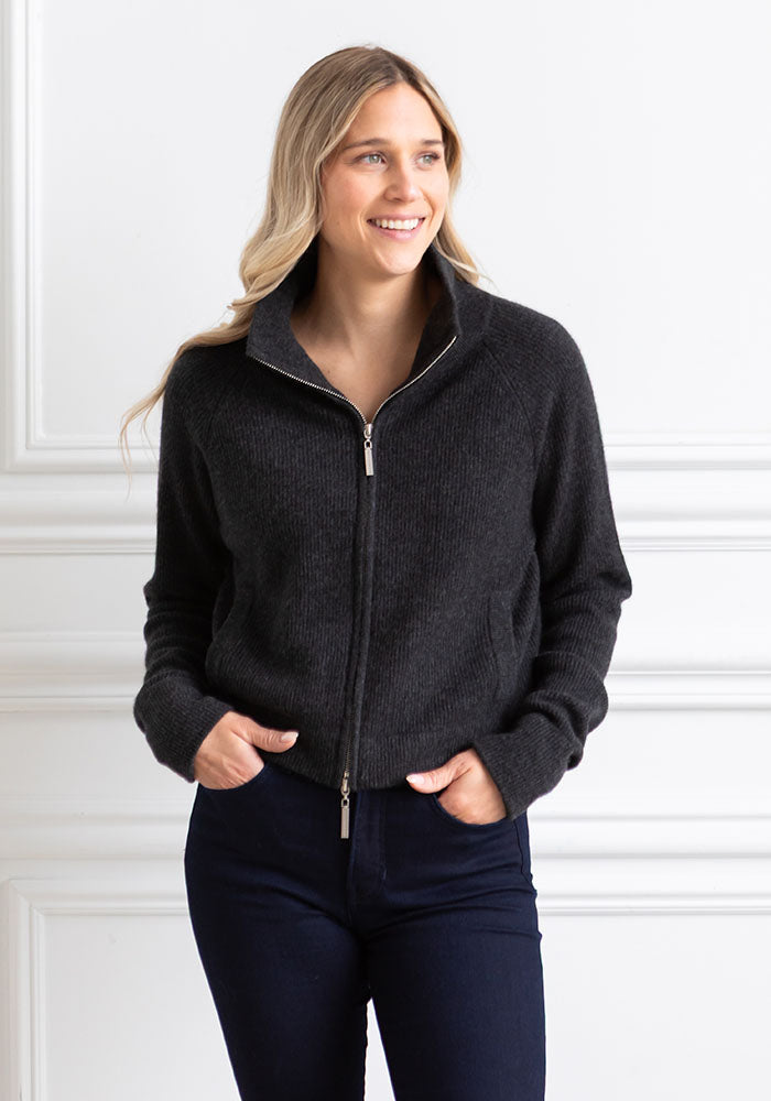 FISHERMAN RIB HIGH NECK CARDIGAN - CHARCOAL