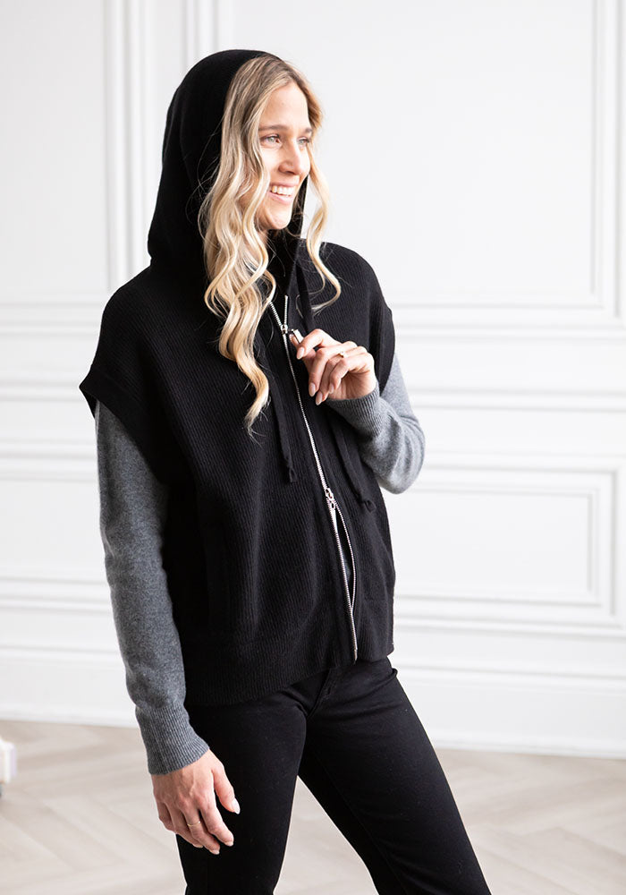 FISHERMAN RIB HOODY VEST - BLACK