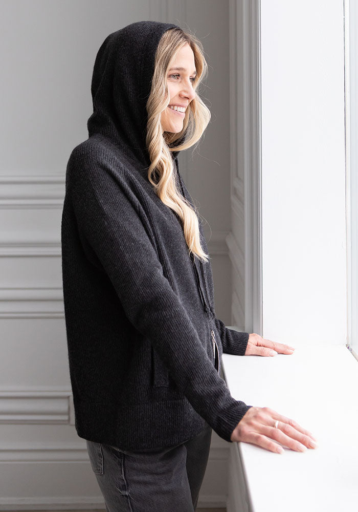 FISHERMAN RIB ZIP HOODY - CHARCOAL