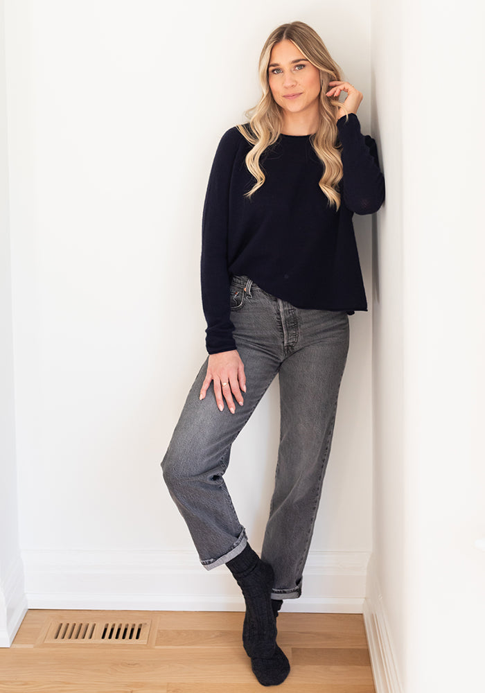 MESH CASHMERE BOYFRIEND CREW - NAVY