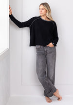 MESH CASHMERE TAB SLEEVE CREW - BLACK/MEDIUM GREY