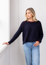MESH CASHMERE TAB SLEEVE CREW - NAVY/OXBLOOD