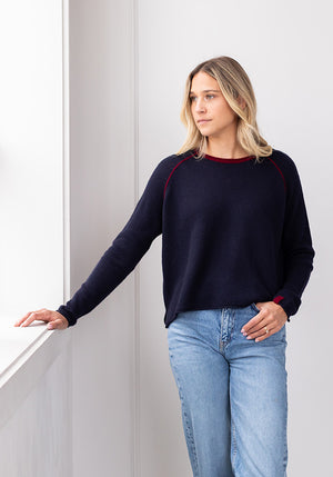 MESH CASHMERE TAB SLEEVE CREW - NAVY/OXBLOOD
