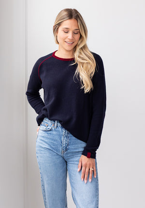 MESH CASHMERE TAB SLEEVE CREW - NAVY/OXBLOOD