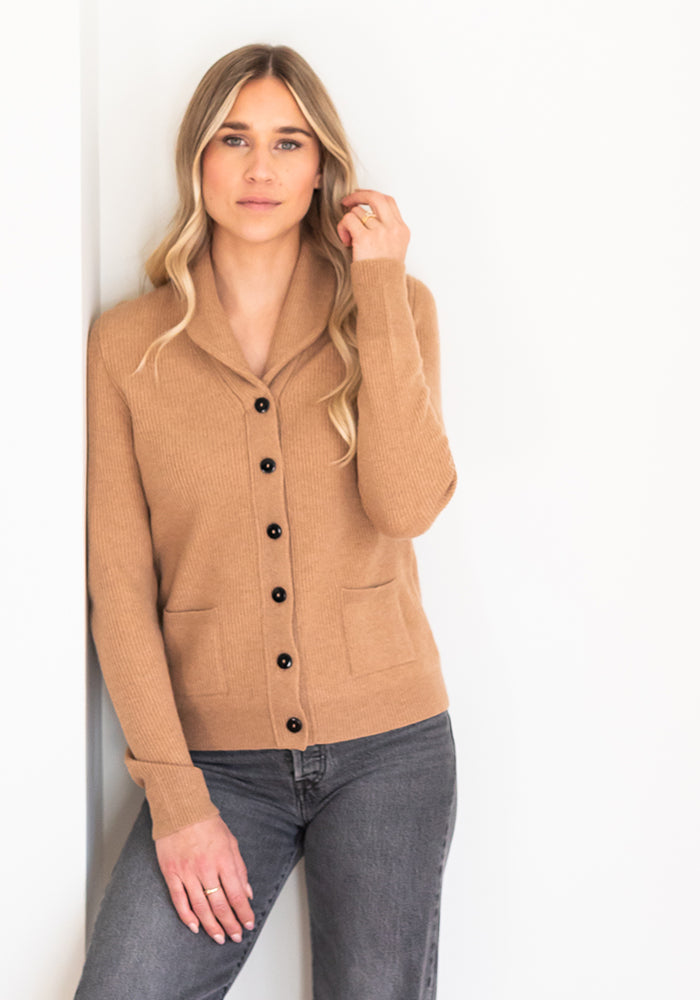 NEW CASHMERE SHAWL COLLAR CARDIGAN - CAMEL