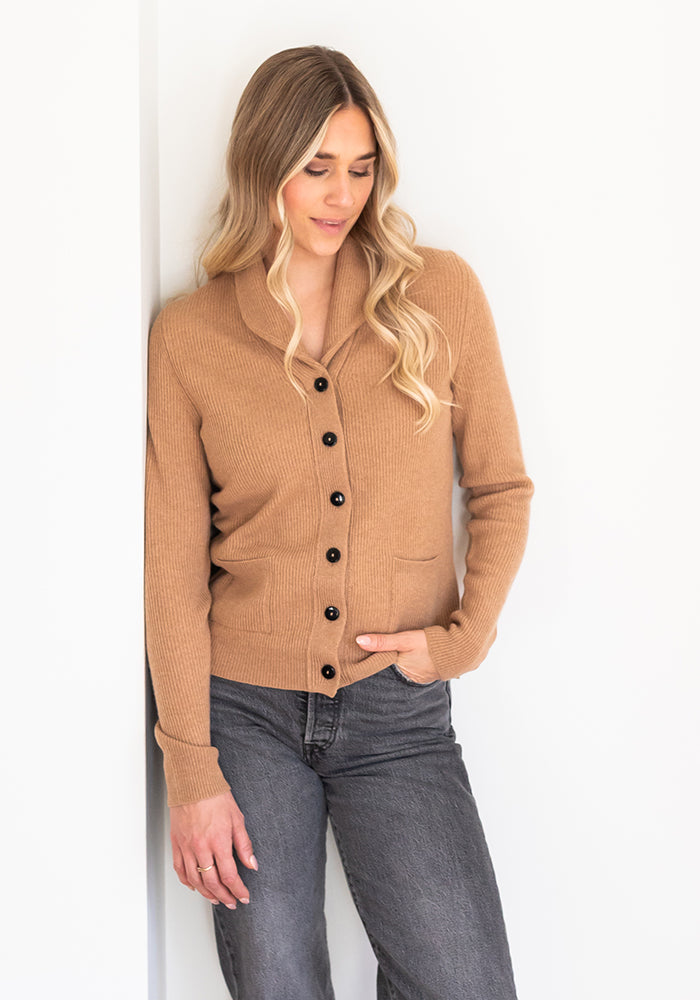 NEW CASHMERE SHAWL COLLAR CARDIGAN - CAMEL