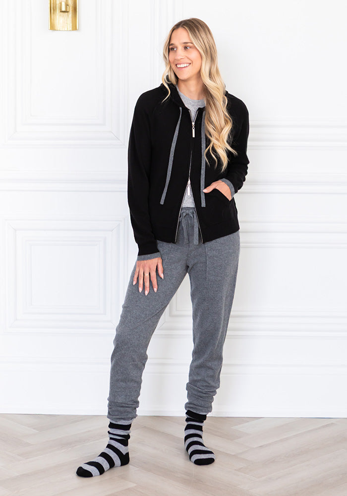 COCOON ZIP HOODY - BLACK W MEDIUM GREY DETAILS