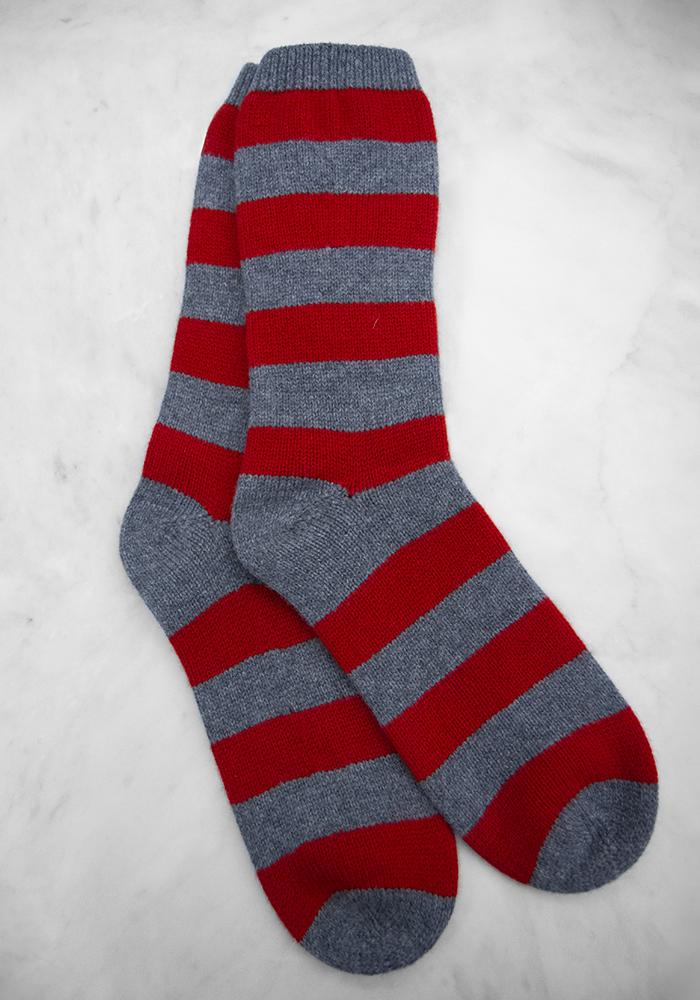 Cashmere Striped Bed Socks - Red & Grey 