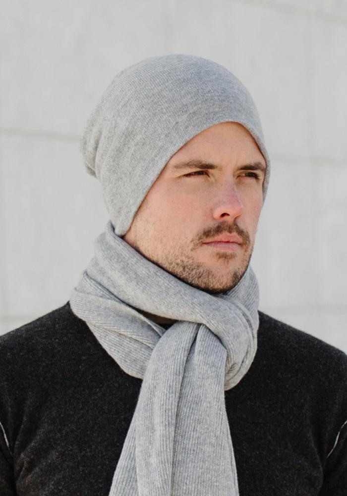 Mens Long Skull Hat in Light Grey - 100% Cashmere Beanie 