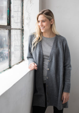 Oversized Cashmere Button Up Cardigan - Grey, Boyfriend Cut - Made in Mongolia