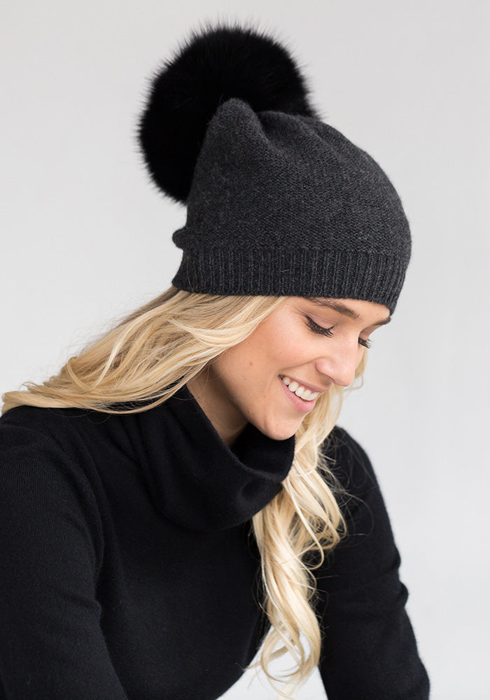 Holiday Gifts for Women - Fur Pom Pom Cashmere Hat by The Cashmere Shop Toronto