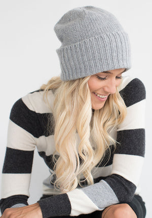 Heavy Ribbed Hat Light Grey - 100% Cashmere 