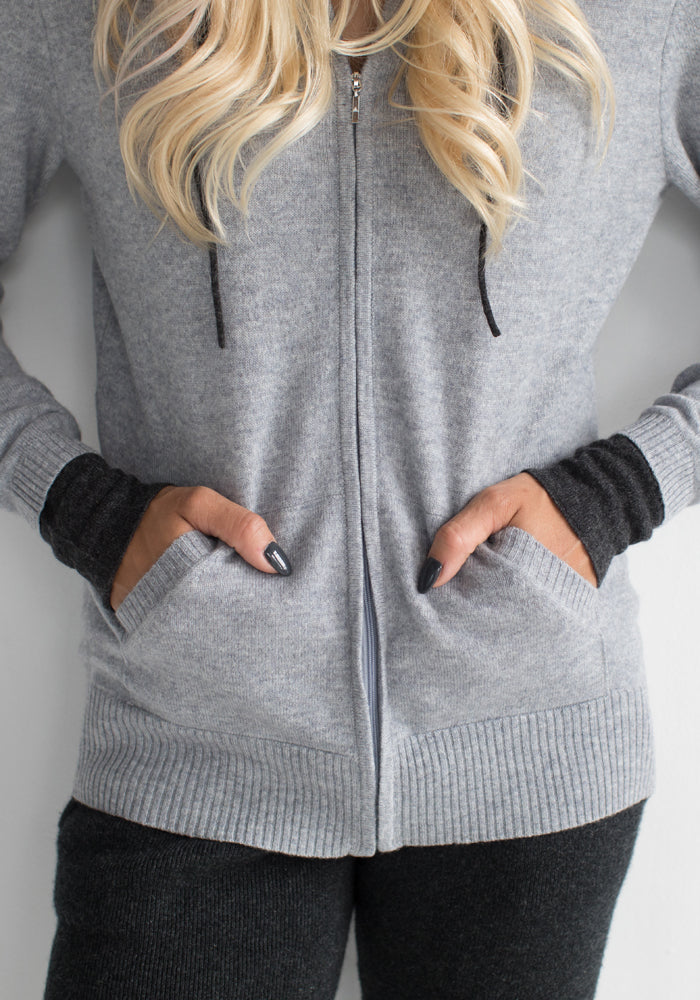 Cashmere Hooded Women's Zip Up Sweater - Light Grey