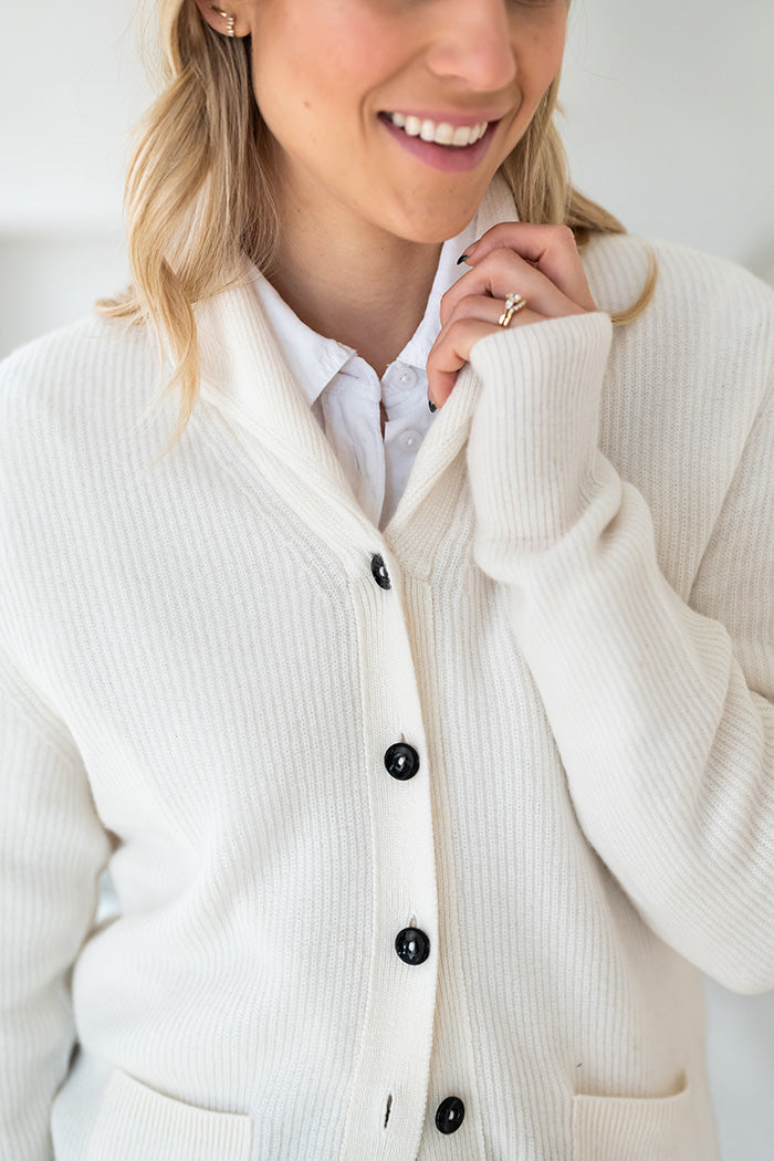 NEW CASHMERE SHAWL COLLAR CARDIGAN - OPTIC WHITE